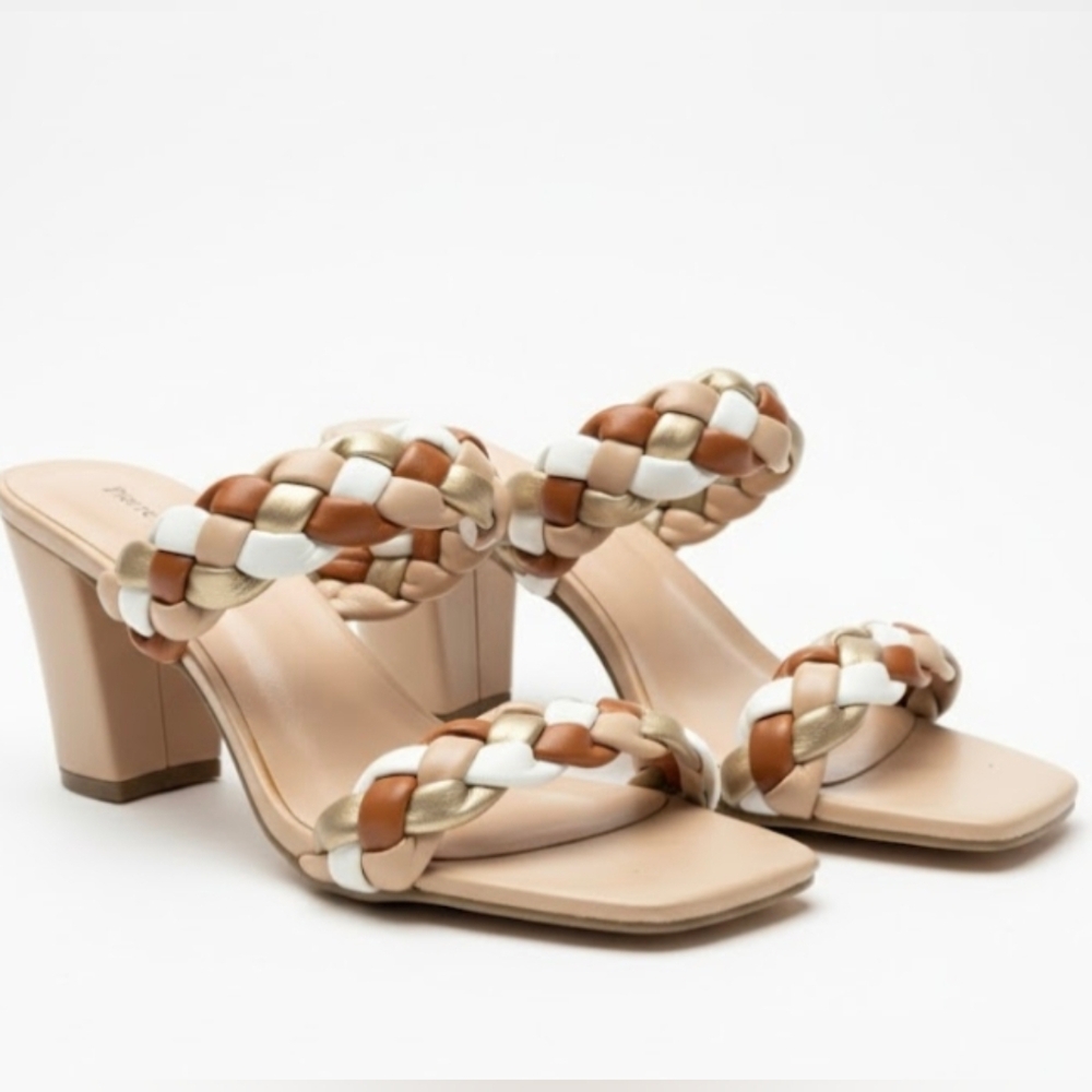 Pierre Dumas Braided Strap Heels - Tan, Gold, White